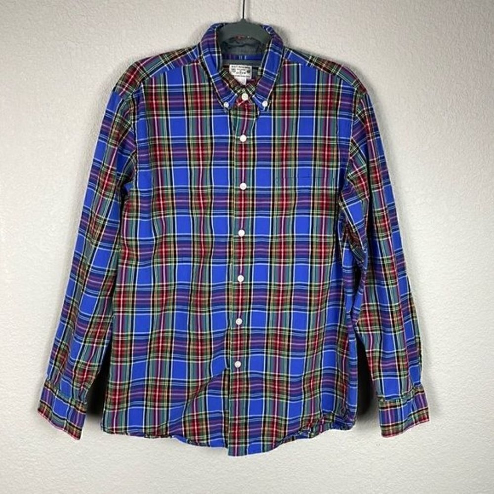 J Crew Mens Plaid Tartan Button Down Long Sleeve Shirt Blue Red Cotton Sz M